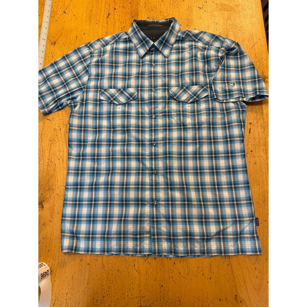 KUHL Ionik Plaid Size Large Mens Blue Short Sleeve Hiking Snap Button Up Shirt